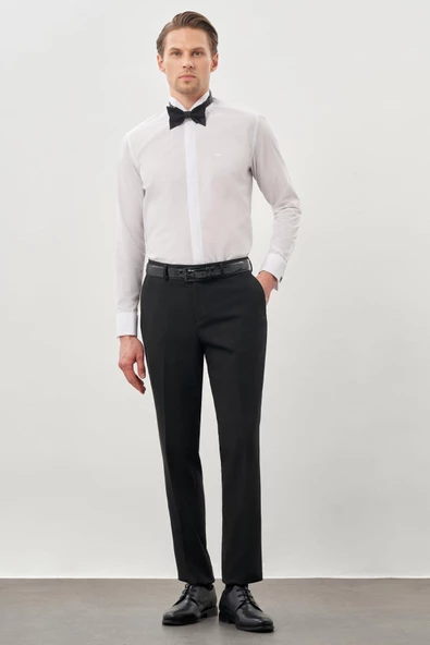 Beyaz Uzun Kol Düz Bez Ayağı Ata Yaka Cepsiz Pamuklu Basic Slim Fit Gömlek 1004245060 - Resim 2