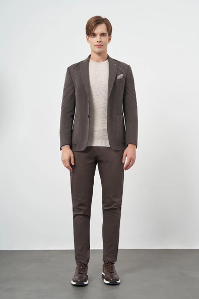 Koyu Kahverengi Örme Kılıç Yaka 6 Drop Slim Fit Ceket 1002245156 - Resim 2