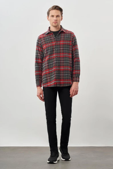 Bordo Yünlü Ekose Desen Yumuşak Yaka Cepsiz Uzun Kol Casual Comfort Fit Gömlek 1004245227 - Resim 2