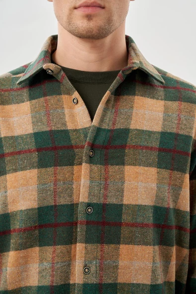 Camel Yünlü Ekose Desen Yumuşak Yaka Cepsiz Uzun Kol Casual Comfort Fit Gömlek 1004245227 - Resim 4