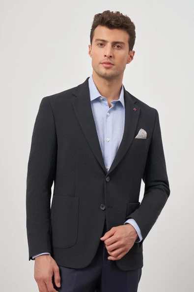 Koyu Lacivert Gofreli Mono Yaka 6 Drop Slim Fit Classic Ceket 1002245158 - Resim 7