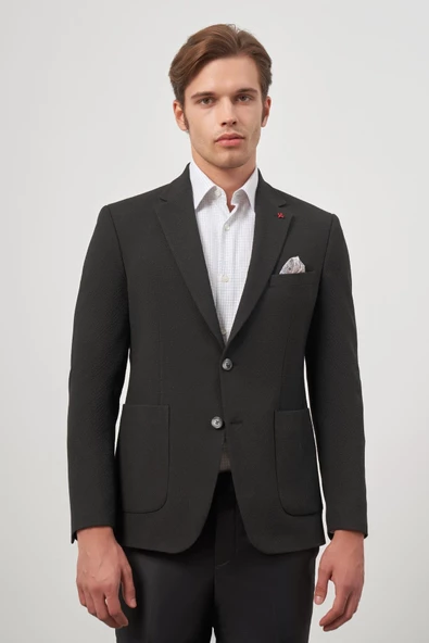 Siyah Gofreli Mono Yaka 6 Drop Slim Fit Classic Ceket 1002245158 - 5