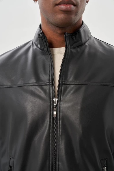 Siyah Suni Deri Hakim Yaka Düz Yırtmaçsız Tam Astar Slim Fit Casual Deri Mont 1038245151 - Resim 4