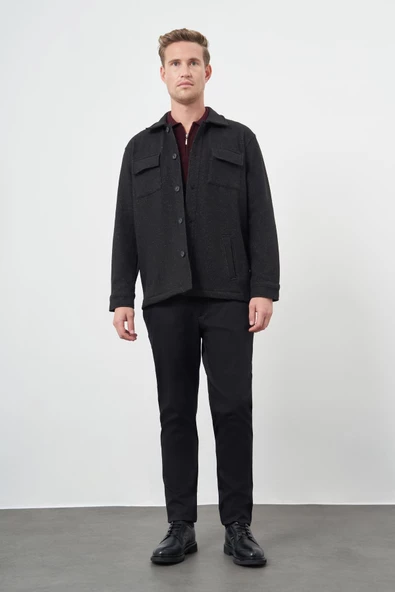 Siyah Örme Polo Yaka Jakarlı Desen Yırtmaçsız Astarsız Slim Fit Classic Mont 1007245161 - Resim 2