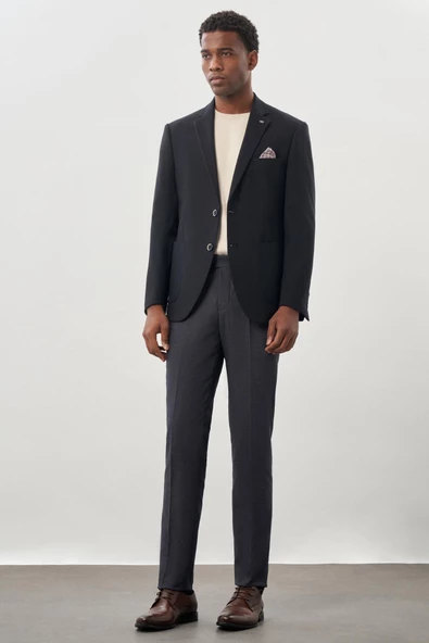 Koyu Lacivert Desenli Örme Mono Yaka Tam Astar Esnek 6 Drop Comfort Fit Casual Ceket 1002245163 - Resim 2