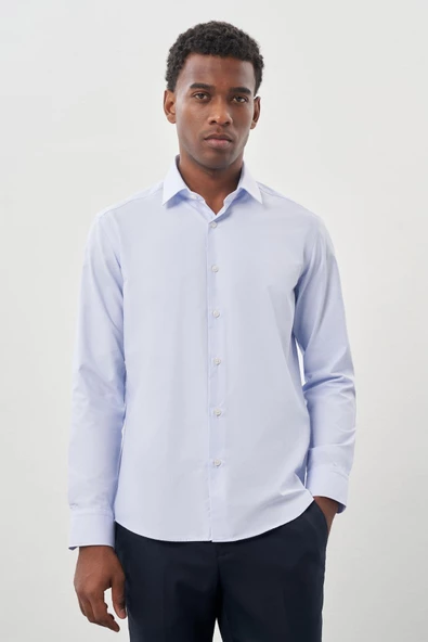 Koyu Mavi Uzun Kol Armürlü Sert Yaka Cepsiz Pamuklu Classic Slim Fit Gömlek 1004245226