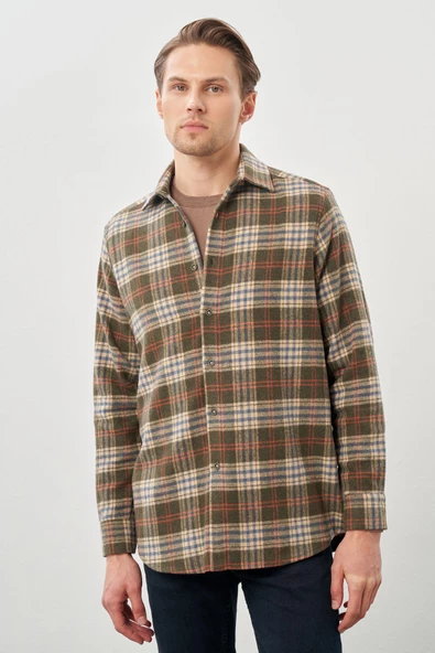 Siyah Yünlü Ekose Desen Yumuşak Yaka Cepsiz Uzun Kol Casual Comfort Fit Gömlek 1004245227 - 4