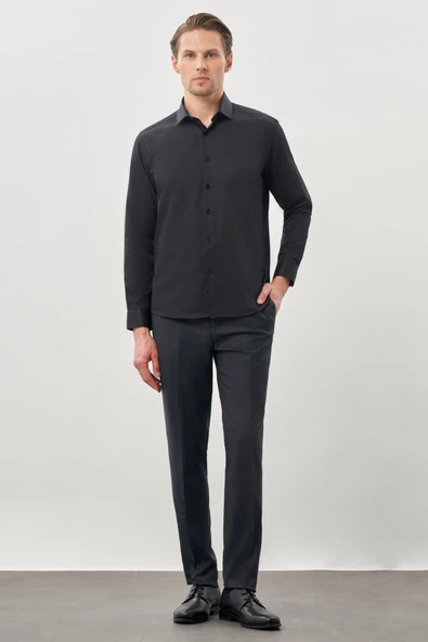 Siyah Uzun Kol Düz Bez Ayağı Yarım İtalyan Yaka Cepsiz Pamuklu Classic Slim Fit Gömlek 1004245268 - Resim 2