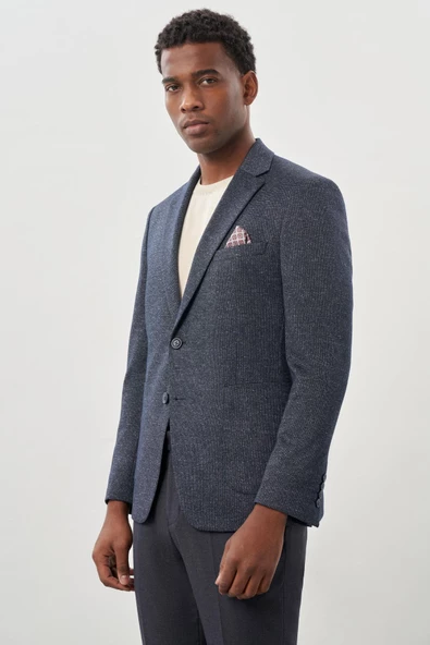 Koyu Lacivert Desenli Örme Mono Yaka Astarsız Esnek 6 Drop Slim Fit Casual Ceket 1002245159 - Resim 2