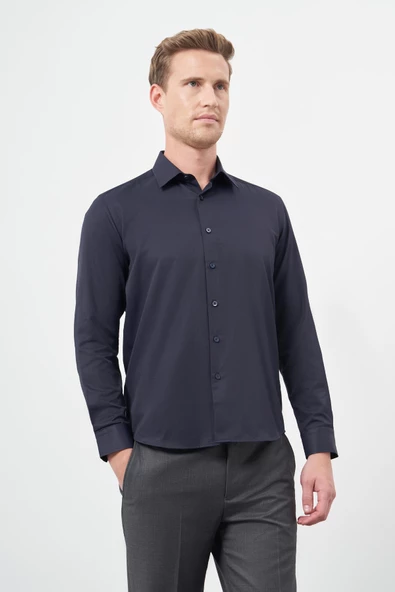 Koyu Lacivert Uzun Kol Düz Bez Ayağı Sert Yaka Cepsiz Pamuklu Classic Slim Fit Gömlek 1004245267 - Resim 3