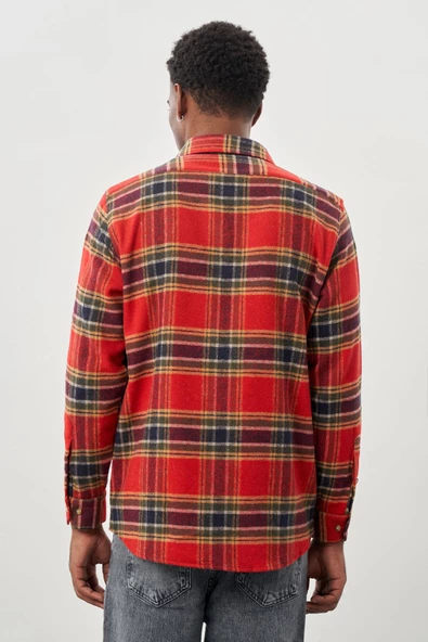 Bordo Yünlü Ekose Desen Yumuşak Yaka Cepsiz Uzun Kol Casual Comfort Fit Gömlek 1004245227 - Resim 5