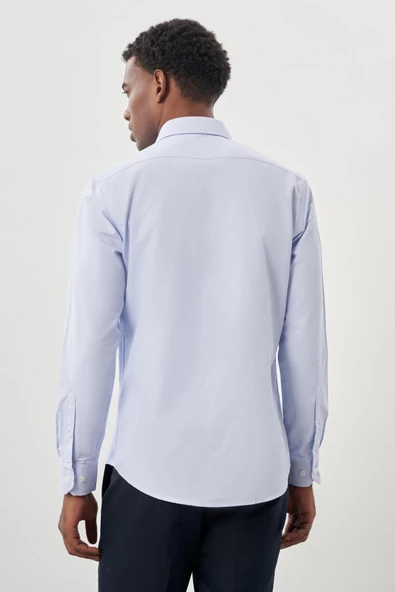 Koyu Mavi Uzun Kol Armürlü Sert Yaka Cepsiz Pamuklu Classic Slim Fit Gömlek 1004245226 - Resim 5