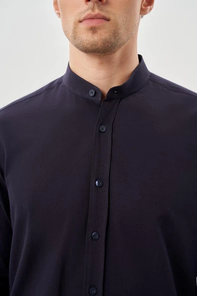 Lacivert Uzun Kol Düz Bez Ayağı Hakim Yaka Cepsiz Pamuk Casual Slim Fit Gömlek 1004245270_201 - Resim 4