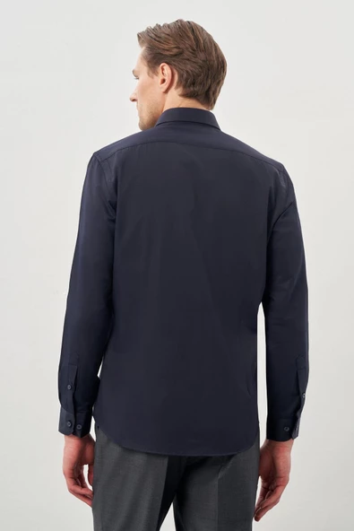 Koyu Lacivert Uzun Kol Düz Yarım İtalyan Yaka Cepsiz Pamuklu Classic Slim Fit Gömlek 1004245268 - Resim 5