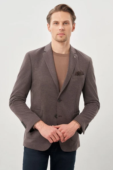 Koyu Kahverengi Kazayağı Desen Örme Mono Yaka 2 Düğme 6 Drop Slim Fit Classic Ceket 1002245166_400 - Resim 3