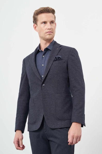 Koyu Lacivert Örme Mono Yaka 6 Drop Slim Fit Ceket 1002245151