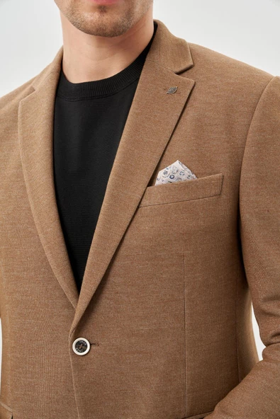 Taba Düz Örme Mono Yaka Kelebek Astar Çift Yırtmaç 2 Düğme 6 Drop Slim Fit Classic Ceket 1002245133 - Resim 4