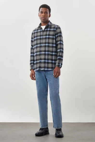 Lacivert Yünlü Ekose Desen Yumuşak Yaka Cepsiz Uzun Kol Casual Comfort Fit Gömlek 1004245227 - Resim 2