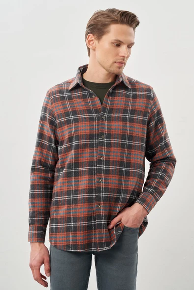 Bordo Yünlü Ekose Desen Yumuşak Yaka Cepsiz Uzun Kol Casual Comfort Fit Gömlek 1004245227 - Resim 3