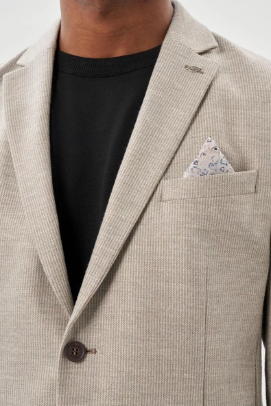 Bej Kendinden Flannel Mono Yaka Esnek 6 Drop Slim Fit Casual Ceket 1002245167 - Resim 4