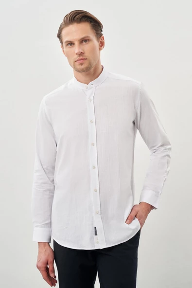 Beyaz Uzun Kol Düz Bez Ayağı Hakim Yaka Cepsiz Pamuk Casual Slim Fit Gömlek 1004245270_600