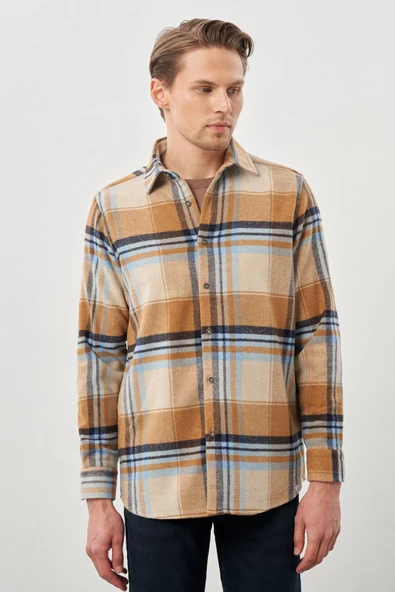 Koyu Bej Yünlü Ekose Desen Yumuşak Yaka Cepsiz Uzun Kol Casual Comfort Fit Gömlek 1004245227 - Resim 3