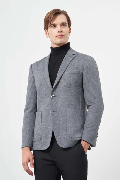 Koyu Antrasit Örme Mono Yaka 6 Drop Slim Fit Ceket 1002245154