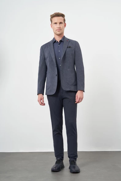 Lacivert Örme Mono Yaka 6 Drop Slim Fit Ceket 1002245152 - Resim 2