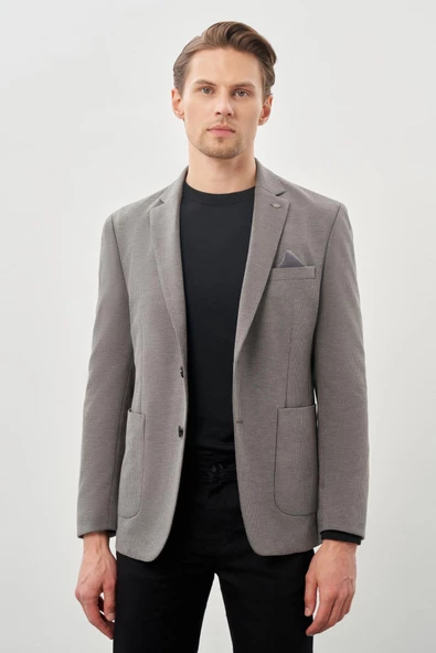 Koyu Antrasit Kazayağı Desen Örme Mono Yaka 2 Düğme 6 Drop Slim Fit Classic Ceket 1002245166_070 - Resim 2