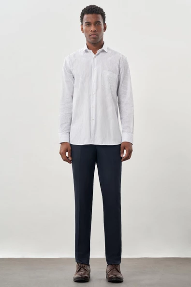 Beyaz Uzun Kol Desen İtalyan Yaka Cepli Pamuklu Classic Comfort Fit Gömlek 1004245185 - Resim 2