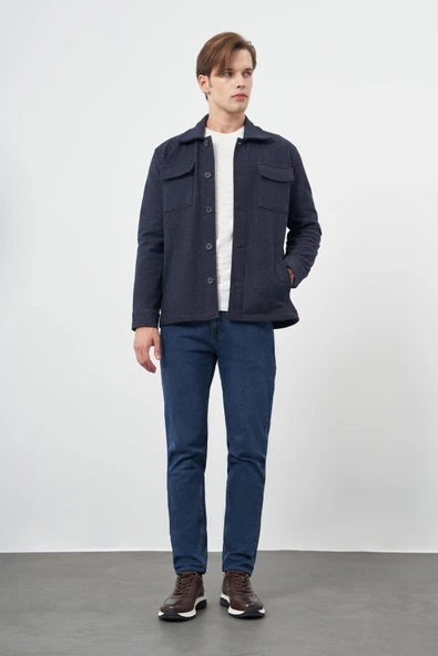 Koyu Lacivert Örme Polo Yaka Jakarlı Desen Yırtmaçsız Astarsız Slim Fit Classic Mont 1007245160 - Resim 2