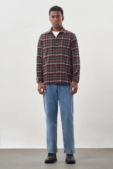 Vişne Yünlü Ekose Desen Yumuşak Yaka Cepsiz Uzun Kol Casual Comfort Fit Gömlek 1004245227 - 2