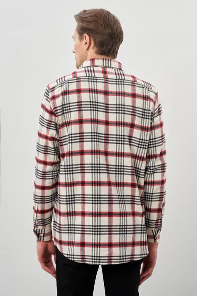 Açık Krem Yünlü Ekose Desen Yumuşak Yaka Cepsiz Uzun Kol Casual Comfort Fit Gömlek 1004245227 - Resim 5