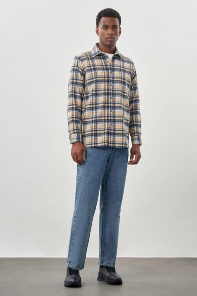 Bej Yünlü Ekose Desen Yumuşak Yaka Cepsiz Uzun Kol Casual Comfort Fit Gömlek 1004245227 - Resim 2