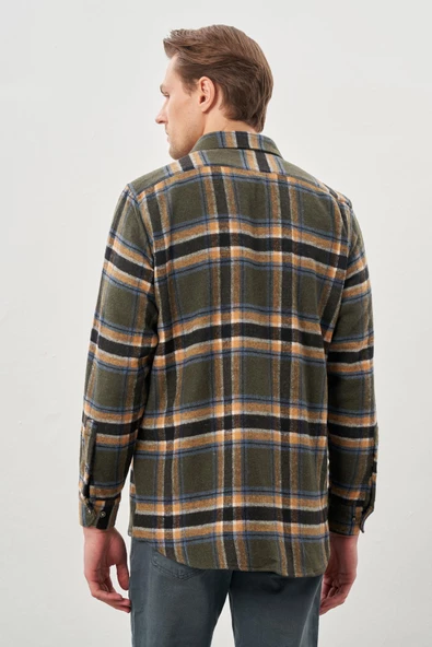 Koyu Haki Yünlü Ekose Desen Yumuşak Yaka Cepsiz Uzun Kol Casual Comfort Fit Gömlek 1004245227 - Resim 5