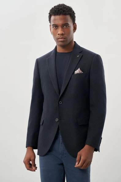 Koyu Lacivert Desenli Örme Mono Yaka Tam Astar Esnek 6 Drop Comfort Fit Casual Ceket 1002245164 - Resim 3