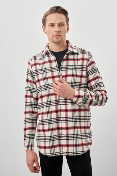 Açık Krem Yünlü Ekose Desen Yumuşak Yaka Cepsiz Uzun Kol Casual Comfort Fit Gömlek 1004245227 - Resim 3