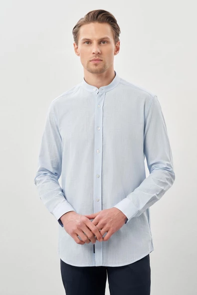Koyu Mavi Uzun Kol Düz Bez Ayağı Hakim Yaka Cepsiz Pamuk Casual Slim Fit Gömlek 1004245270_300