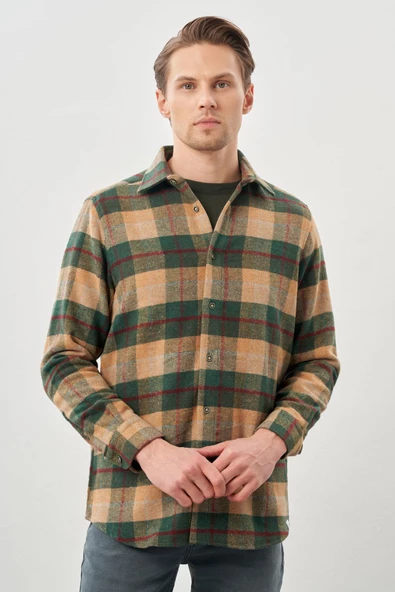 Camel Yünlü Ekose Desen Yumuşak Yaka Cepsiz Uzun Kol Casual Comfort Fit Gömlek 1004245227 ürün görseli