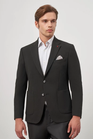 Siyah Gofreli Mono Yaka 6 Drop Slim Fit Classic Ceket 1002245158 - 3