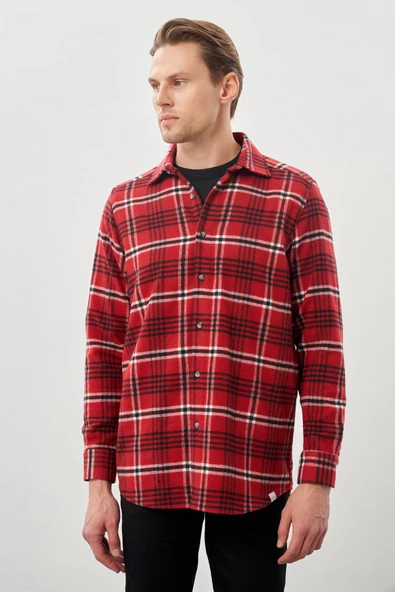Açık Kırmızı Yünlü Ekose Desen Yumuşak Yaka Cepsiz Uzun Kol Casual Comfort Fit Gömlek 1004245227 - 3