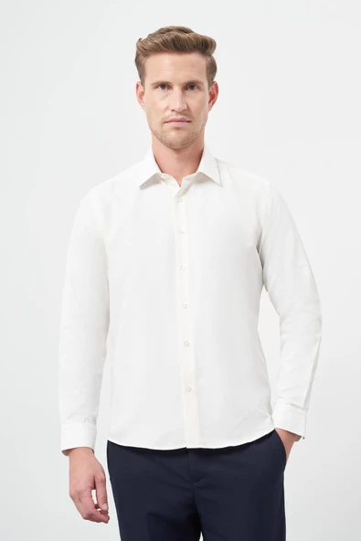Açık Krem Uzun Kol Düz Bez Ayağı Sert Yaka Cepsiz Pamuklu Classic Slim Fit Gömlek 1004245267