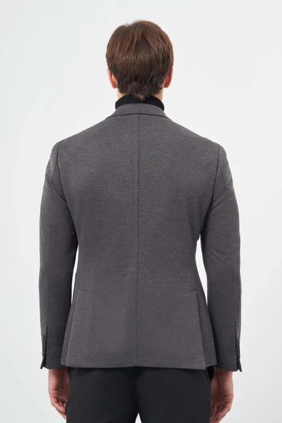 Siyah Kazayağı Desen Örme Mono Yaka 6 Drop Slim Fit Ceket 1002245150 - Resim 5