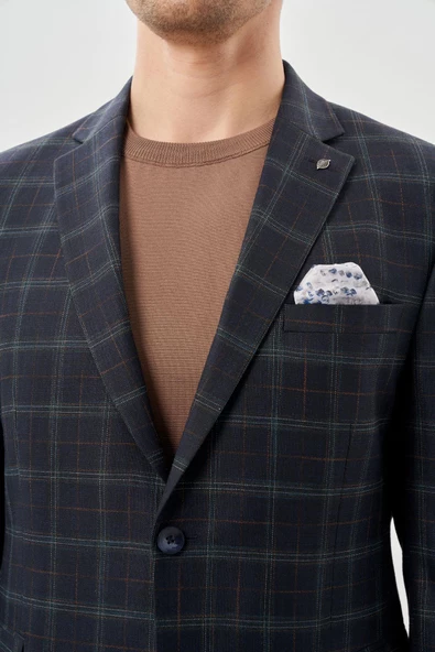 Koyu Lacivert Ekose Desen Mono Yaka Esnek 6 Drop Slim Fit Classic Ceket 1002245160 - 4