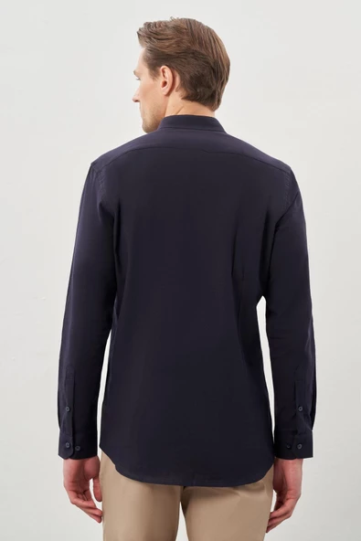 Lacivert Uzun Kol Düz Bez Ayağı Hakim Yaka Cepsiz Pamuk Casual Slim Fit Gömlek 1004245270_201 - Resim 5