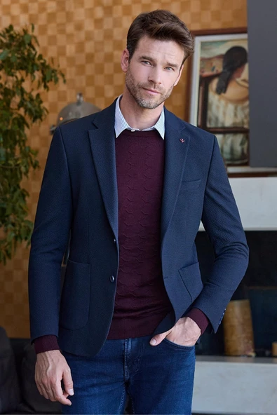 Koyu Lacivert Gofreli Mono Yaka 6 Drop Slim Fit Classic Ceket 1002245158 - Resim 2