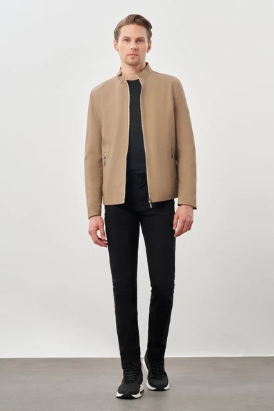 Bej Suni Deri Hakim Yaka Düz Yırtmaçsız Tam Astar Slim Fit Casual Deri Mont 1038245152 - Resim 2