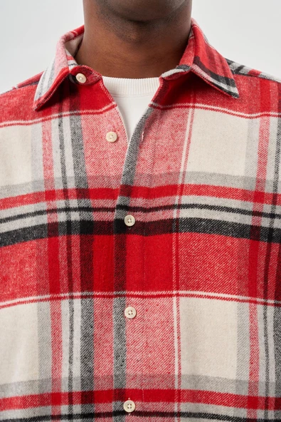 Koyu Kırmızı Yünlü Ekose Desen Yumuşak Yaka Cepsiz Uzun Kol Casual Comfort Fit Gömlek 1004245227 - Resim 4