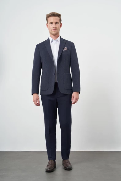 Lacivert Örme Kılıç Yaka 6 Drop Slim Fit Ceket 1002245156 - Resim 2