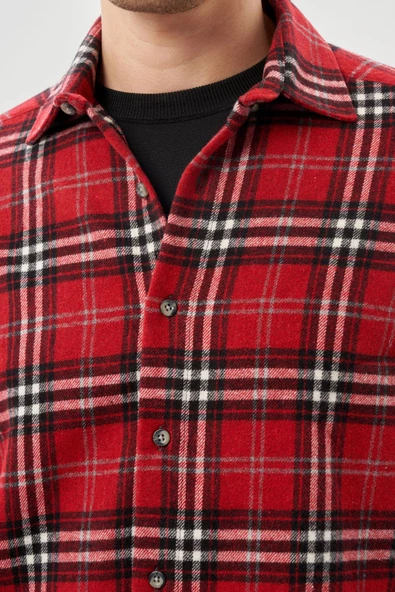 Bordo Yünlü Ekose Desen Yumuşak Yaka Cepsiz Uzun Kol Casual Comfort Fit Gömlek 1004245227 - Resim 4